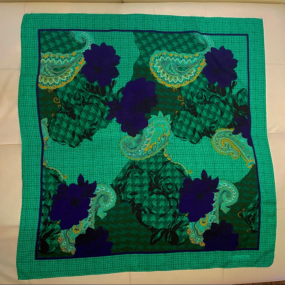 Christian Dior "Autumn Green Hues Violet Floral & Palsey" Silk Scarf - Picture 2 of 7